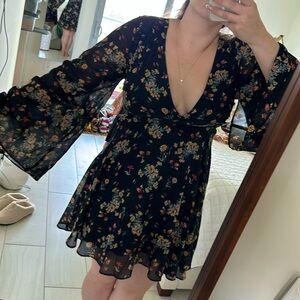 Free people black floral bell sleeve mini dress